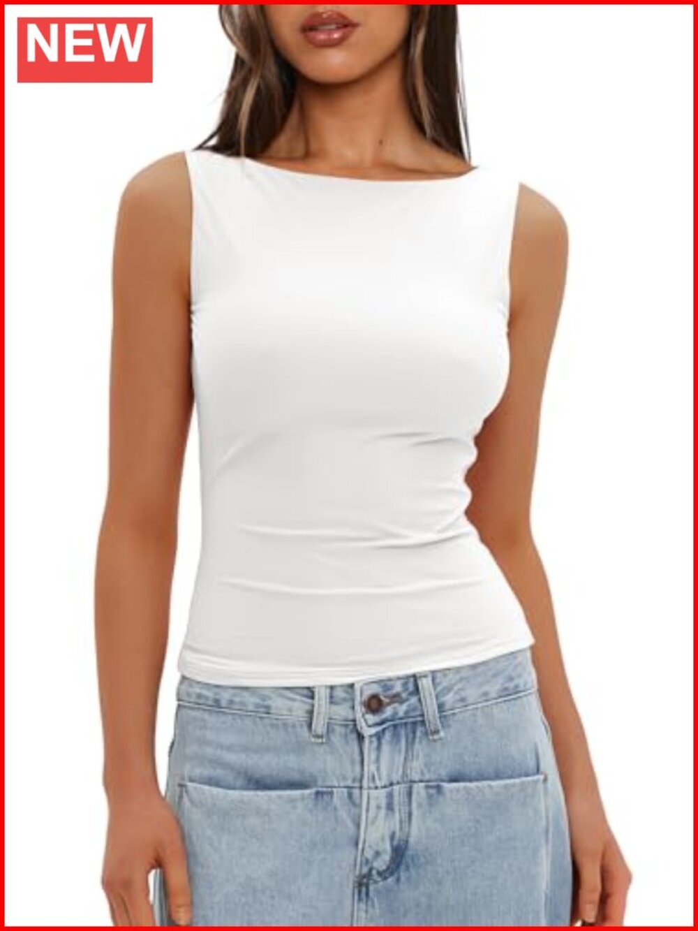 Women's Boat Neck Tank Top Sleeveless Double Lined Slim Fit Basic Casual